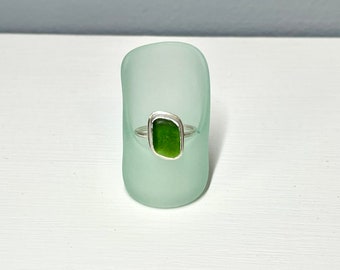 Lime Green Lake Erie Beach Glass Ring Size 5