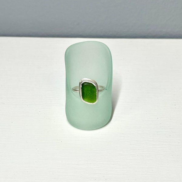 Lime Green Lake Erie Beach Glass Ring Size 5