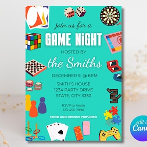 Game Night Invitation - Editable House Party Invite - Printable Birthday Template - Family Game Night