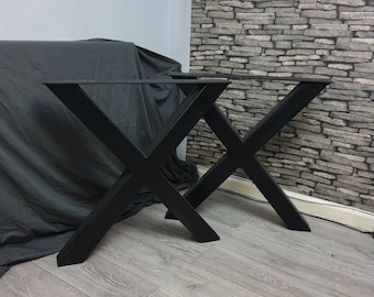 Set of 2 Industrial X Cross Design Chunky 80mmx80mm Steel Dining Kitchen Table Desk Bench Legs Metal Box Frames 710mm Tall