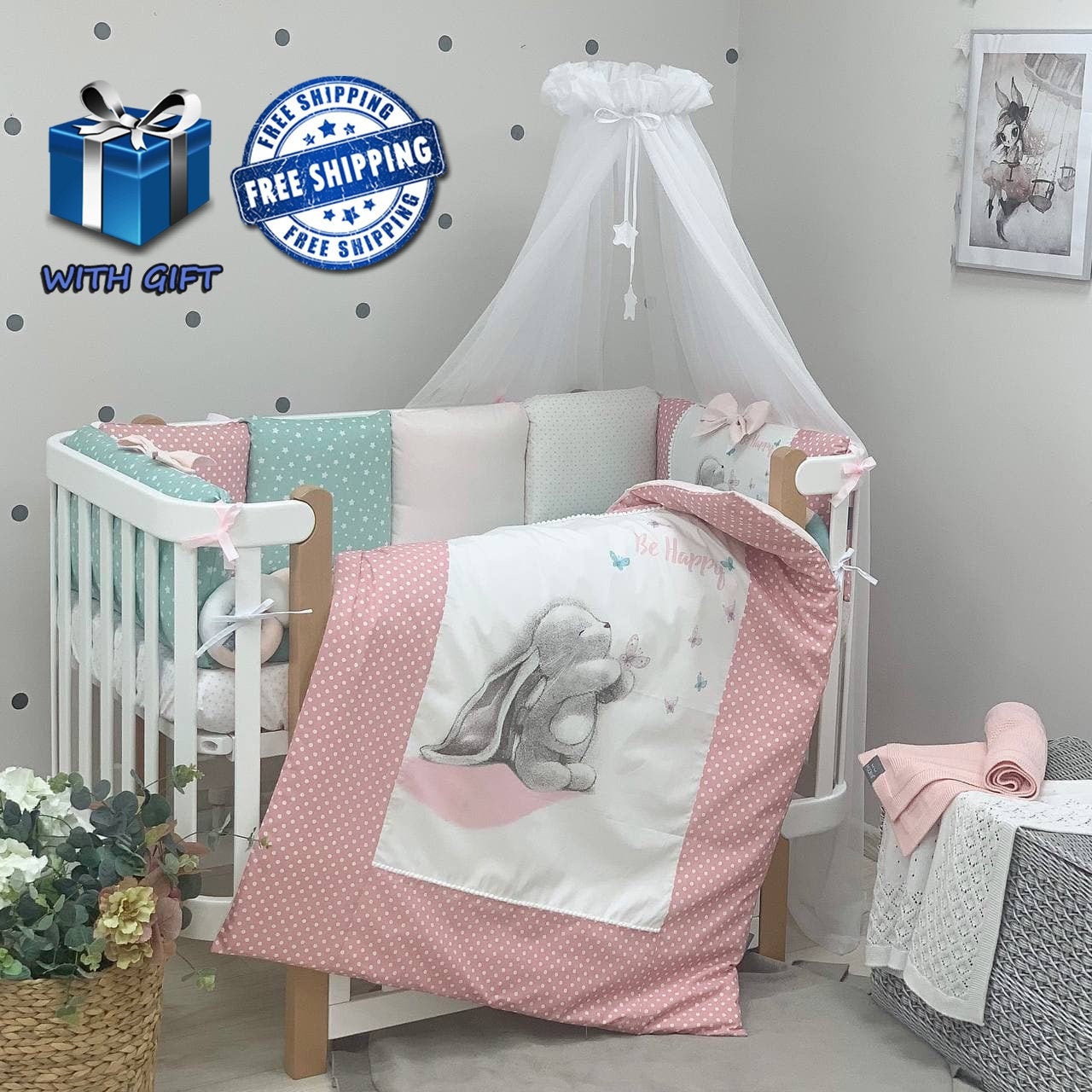 Pink Baby Bedding Set Bunny for Girl with Crib Bumper Pads Etsy