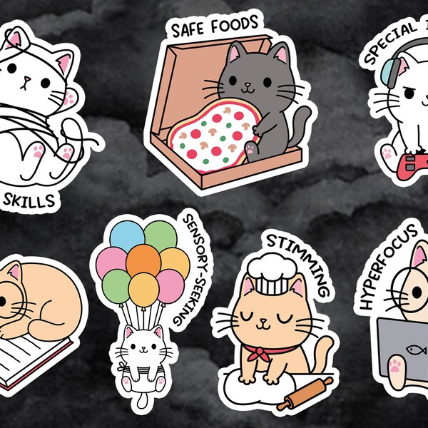 Autism Sticker Pack, Autistic Cats Stickers, Autism Kittens, Neurodivergent Traits Sticker Pack, Autism Sticker Set, Neurodiversity Stickers