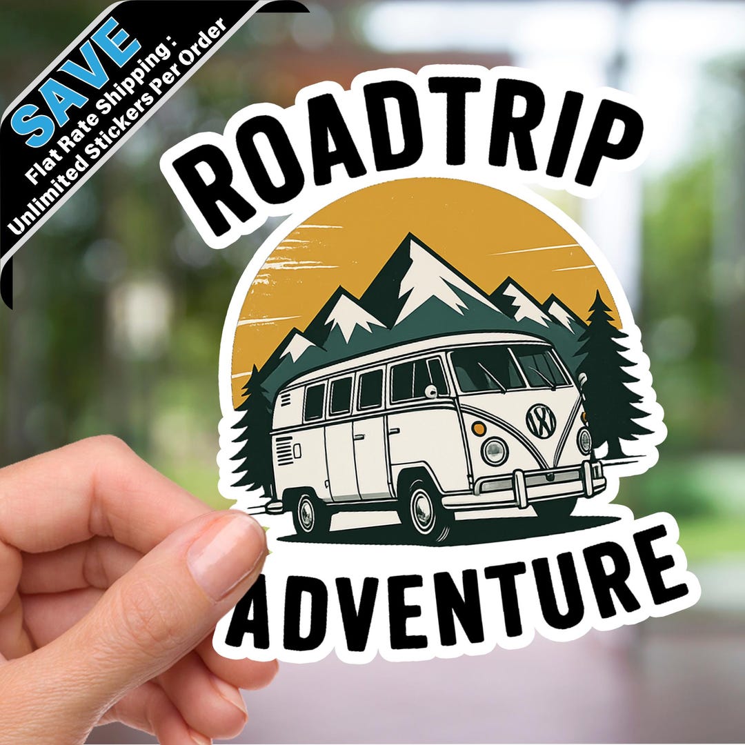 Roadtrip Adventure Sticker, Vintage Camper Van Sticker, Mountain Travel ...
