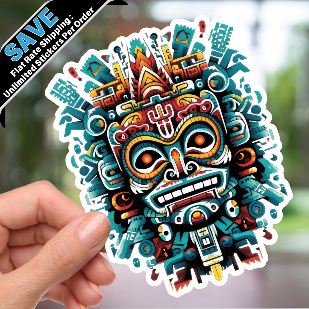 Colorful Aztec Head Sticker, Tribal Art Vinyl Decal, Mythology-inspired ...