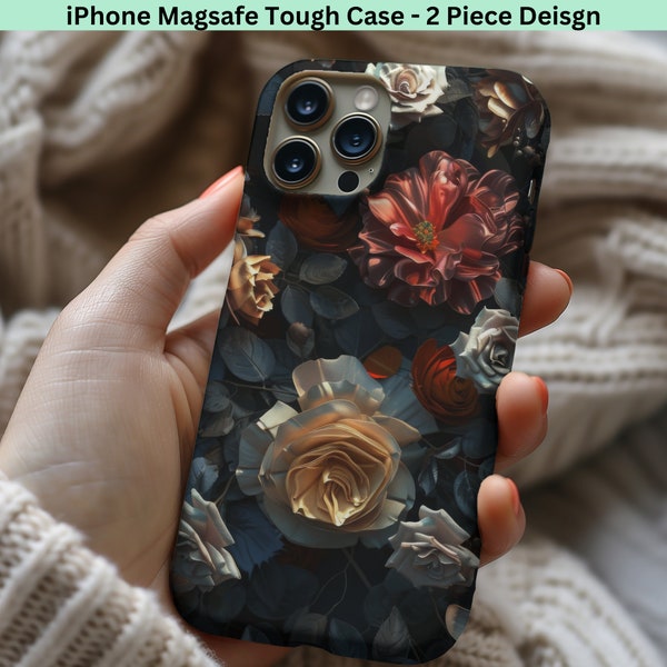 Dark Floral Academia Magsafe Tough Case for iPhone 15 Pro Plus Max, iPhone 14 Pro Plus Max Case, iPhone 13 Mini Pro Max, Wireless Charging