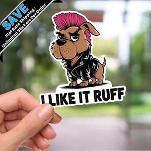 Funny Punk Rock Dog Sticker, I Like It Ruff Vinyl Decal, Funny Dog Lover Gift, Cute Bulldog Sticker, Motorcycle Laptop Sticker