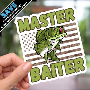 Funny fishing sticker for men, Master Baiter bass fish decal, gift for dad, husband, or boyfriend who loves fishing, tackle box sticker