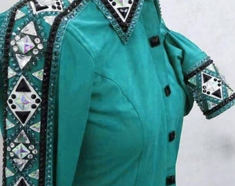 Mint Lycra Showmanship Shirt: Copper Cuff & Collar, Rodeo Queen Style