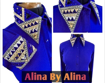 Custom Western Show Shirt, Navy Blue with Glass Stone Embellishments