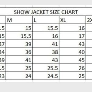Puede incluir: Una tabla de tallas para chaquetas, que muestra las medidas en pulgadas para el cuello, la anchura de los hombros, el pecho, la cintura, la cadera, la longitud de la manga y la longitud del cuerpo. Las tallas van desde 2XS hasta 6XL.