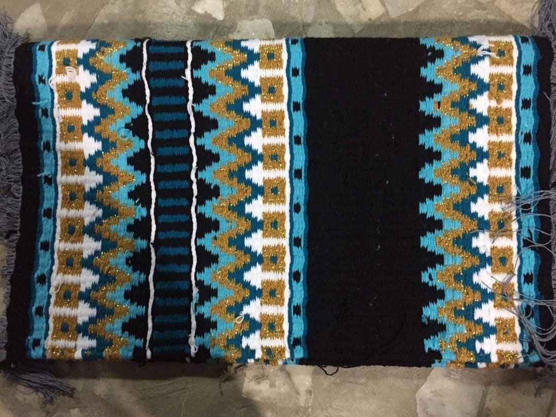 Wool Saddle Blanket and Saddle Pad in Black Base Mint, Teal and White