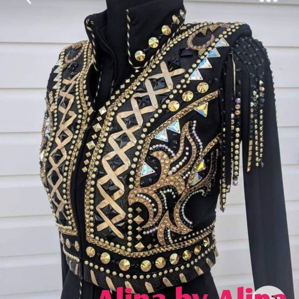 Western Custom Rodeo Queen Showmanship Bolero mit Whipstitch Show Shirt in schwarz und goldenen Steinen