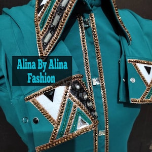 Teal Base Retro shirt with Copper, black and white Embellishments