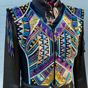 Purple, turquoise & gold show bolero on black base + black shirt
