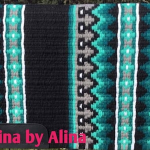 Wool Saddle blanket and saddle Pad in black base mint, teal and white - Size 34×42
