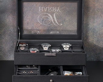 Watch box for 12, Watch box for men, Wood watch box drawer, 5th anniversary gift for men, Wooden watch box, Watch box for men personalized