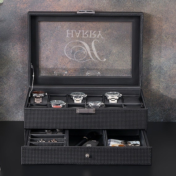 Watch box for 12, Watch box for men, Wood watch box drawer, 5th anniversary gift for men, Wooden watch box, Watch box for men personalized