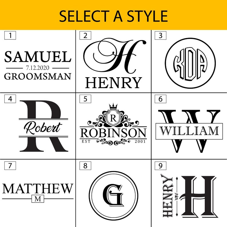 May include: Nine different styles of personalized name and monogram designs for a wedding or other special occasion. The designs include a script font, a monogram in a circle, a name with a line above and below, a name with a line above and below and a large initial, a name with a line above and below and a small initial, a name with a line above and below and a large initial, a monogram in a circle, a name with a line above and below and a large initial, and a name with a line above and below and a large initial.