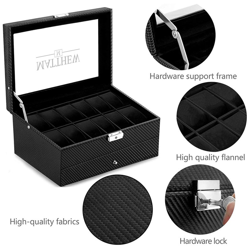 Puede incluir: Caja de reloj negra con tapa de vidrio y patr&oacute;n de fibra de carbono. La caja tiene 12 compartimentos para guardar relojes y una cerradura en la parte delantera. El texto "WALTHAM" est&aacute; impreso en el interior de la tapa.