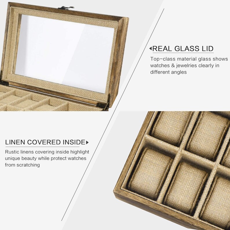 May include: A wooden watch box with a clear glass lid and a linen interior. The box has eight compartments for storing watches. "REAL GLASS LID" and "LINEN COVERED INSIDE" are written on the image.