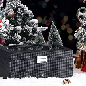 Puede incluir: Una caja de reloj negra con tapa de cristal y un caj&oacute;n. La caja est&aacute; sobre una superficie nevada con &aacute;rboles de Navidad en el fondo.
