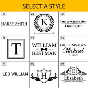 May include: A selection of nine different styles for personalized engraved gifts. The styles include a simple name, a monogram with a wreath, a quote, a monogram with a bow tie, a monogram with a shield, a monogram with a decorative border, and a simple name with a date.