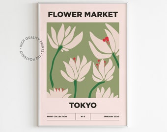 Flower Market Poster, Retro Minimalist, Botanical Wall Art Print, Digital Spring Gallery Decor
