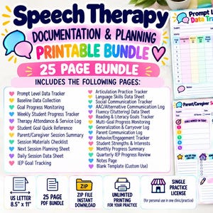 Könnte beinhalten: Ein 25-seitiges, ausdruckbares Bündel zur Dokumentation und Planung in der Sprachtherapie mit farbenfrohen Überschriften und Symbolen. Enthält Tracker für Hilfestellungsstufen, Sitzungszusammenfassungen und Fortschrittsberichte.