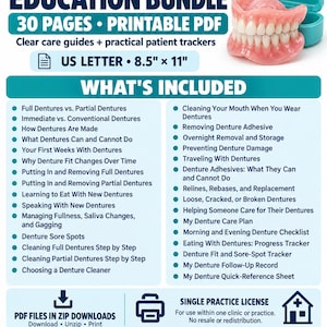 Denture Care Patient Education Bundle, 30 Printable PDF Handouts, Full & Partial Dentures, Dental Clinic Guides, Checklists and Trackers