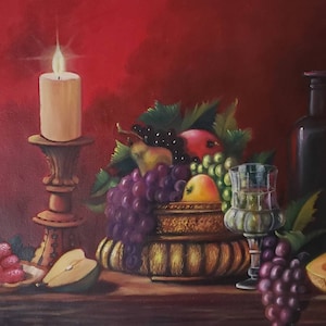 May include: A still life painting featuring a bowl of fruit, a lit candle, a glass of wine, and a bottle of wine. The fruit includes grapes, pears, apples, and a melon. The painting is set against a red background.