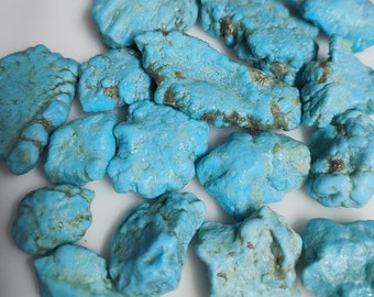 May include: A collection of raw turquoise stones in various shapes and sizes. The stones are a vibrant, light blue color with natural brown matrix patterns. The image is a close-up, showcasing the texture and detail of each stone.