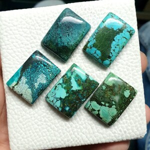 Puede incluir: Cinco piedras preciosas rectangulares de turquesa con variados patrones de azul, verde y marrón. Las piedras pulidas muestran vetas naturales y detalles de matriz. Se presentan sobre una superficie blanca.