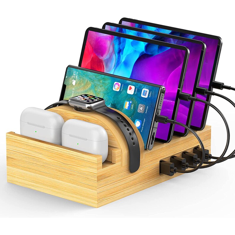 Bamboo Charging Station for Multiple Devices, Wood Desktop Docking