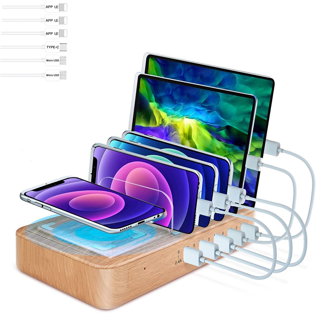 Fastest Charging Station for Multiple Devices, 5 USB Ports With 1 Qi