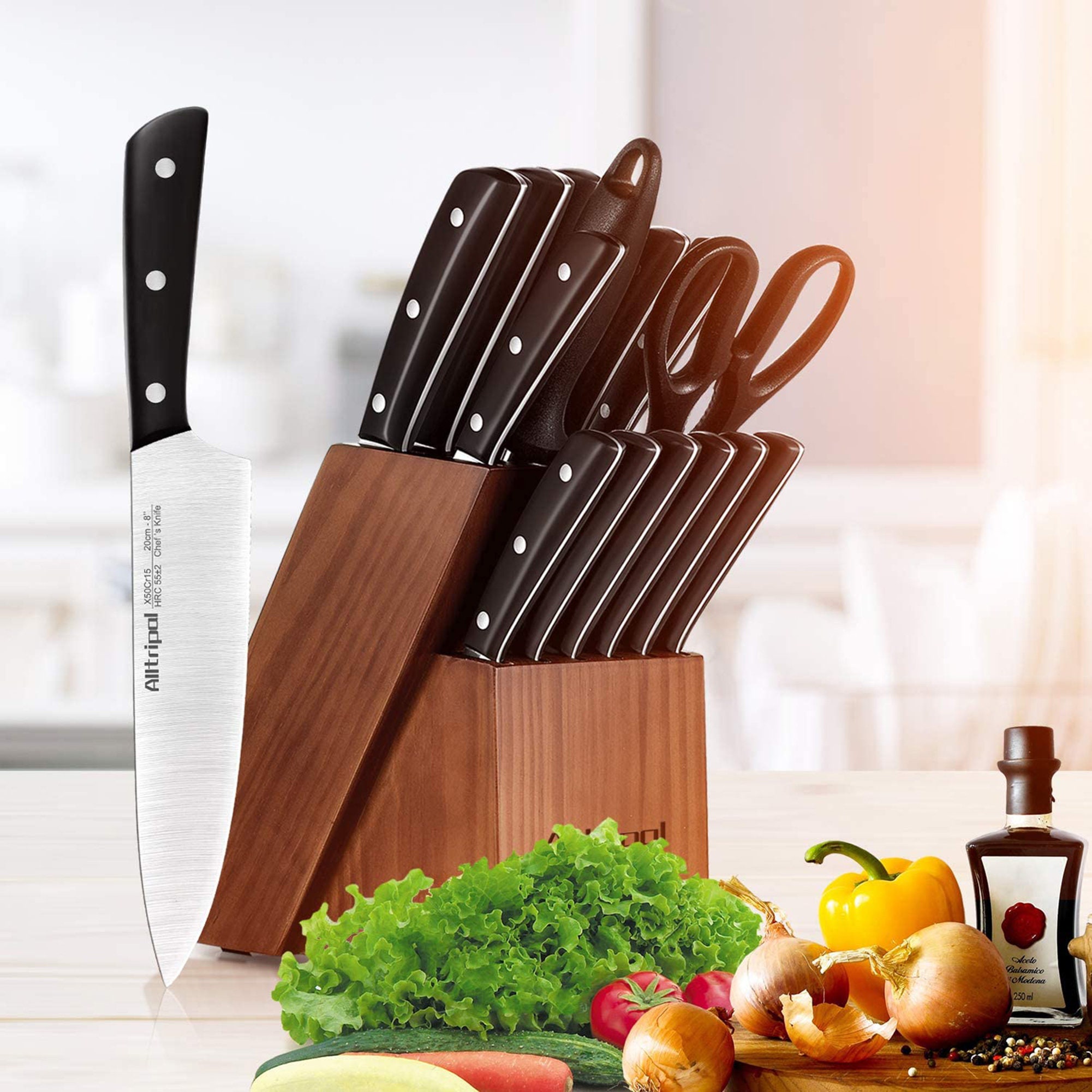 15 Pieces All Purpose Forging Professional Wood Handle German Chef Knife Set  With Acacia Wood Block - Buy 15 Pieces All Purpose Forging Professional  Wood Handle German Chef Knife Set With Acacia