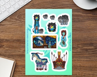 May include: A sticker sheet on a light blue background featuring pixel art characters and creatures. The sheet includes text reading DISCORD.GG/KELUTRAL and KELUTRAL.ORG. The designs depict blue-skinned humanoid figures, a large six-legged animal, and a winged creature in vibrant colors.