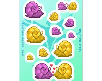 May include: A sticker sheet featuring pixelated snails in shades of purple and yellow. Some snails have hearts between them, suggesting affection. The background is a gradient of blue and green, with the text "DISCORD.GG/KELUTRAL" and "KELUTRAL.ORG".