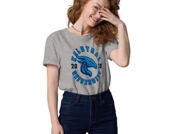 May include: A heather gray t-shirt featuring a blue and white circular design with the text "KELUTRAL UNIVERSITY 2020". The design includes a stylized blue dragon. The shirt is made of a soft material.