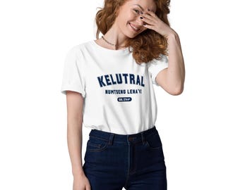 May include: White t-shirt with the word "KELUTRAL" in navy blue block letters, with "NUMTSENG LENA'I" below it. The shirt also has a small navy blue oval with "SNL 3744" printed on it. The model is wearing dark blue jeans.