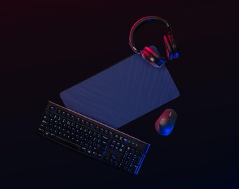 May include: A black keyboard, mouse, and headset are displayed against a dark background. A blue mousepad is also present. The headset and mouse have blue and red accents. The keyboard has white lettering.