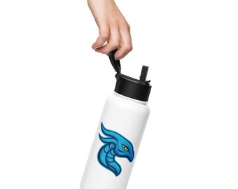 May include: White water bottle with a black lid and a blue dragon graphic. The dragon has yellow eyes and a blue outline. The bottle is held by a hand.