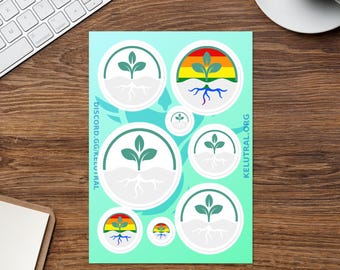 May include: A light green sticker sheet featuring seven circular stickers with plant sprout designs. Some sprouts have white roots, while others feature rainbow-colored backgrounds with blue roots. The text DISCORD.GG/KELUTRAL and KELUTRAL.ORG is printed.