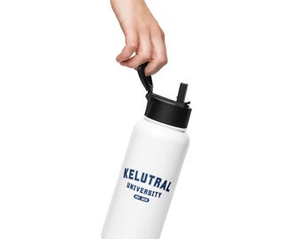 May include: White water bottle with a black lid and a blue and white "KELUTRAL UNIVERSITY" logo. The bottle has a black flip-top cap and a straw. The bottle is held by a hand against a white background.