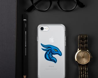May include: A clear iPhone case with a blue dragon graphic. The phone is next to a gold watch, black glasses, a black pencil, and a black notebook. The phone case has the word "iPhone" printed on it.