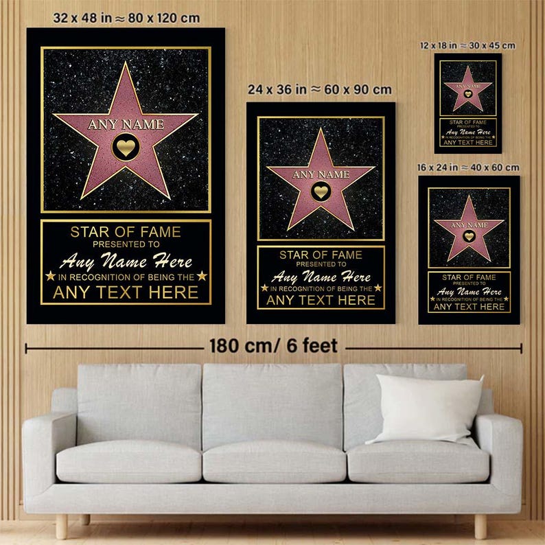 Op de afbeelding: Een aanpasbare Hollywood Walk of Fame-sterplaquette met een roze ster en gouden letters. De plaquette heeft de tekst "Star of Fame Presented to Any Name Here In Recognition of Being the Any Text Here". De plaquette is verkrijgbaar in drie maten: 80 x 120 cm, 60 x 90 cm en 40 x 60 cm.