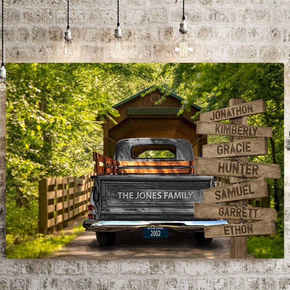 Personalized Vintage Truck Canvas, Custom Family Name Sign Wall