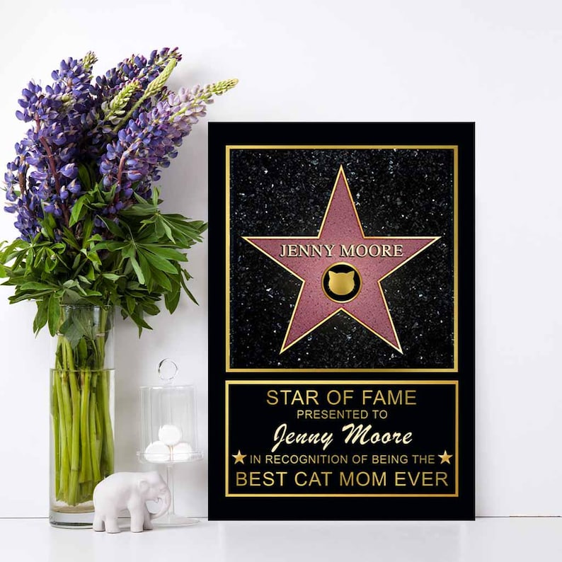 Op de afbeelding: Een zwarte en gouden gegraveerde plaquette met een roze ster en de tekst "JENNY MOORE STAR OF FAME PRESENTED TO Jenny Moore IN RECOGNITION OF BEING THE BEST CAT MOM EVER".