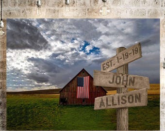 Personalized Directional Sign Canvas with Family Names, Rustic Red Barn Custom Signpost Wall Art, Grandparents Gift, Family Name Home Decor