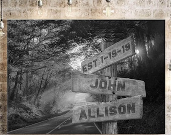 Personalized Directional Sign Canvas with Family Names, B&W Autumn Road Custom Signpost Wall Art, Grandparents Gift, Family Name Home Decor
