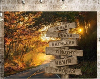 Personalized Directional Sign Canvas with Family Names, Autumn Road Custom Signpost Wall Art, Grandparents Gift, Family Name Home Decor